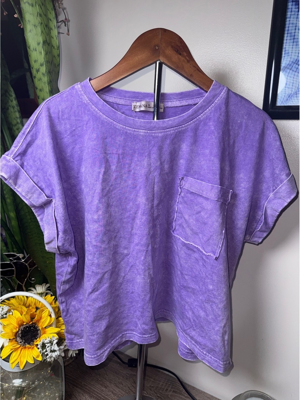 Zenana Acid Wash Cuffed Sleeve Cropped Tee
